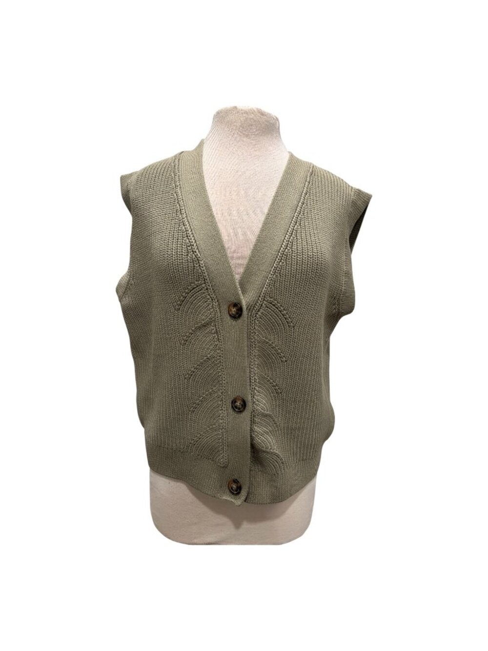 M&S Collection Cotton Rich Sweater Vest Medium Sage Green Button Front Knit Prep - Picture 2 of 11